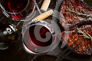 Dinner for two with steaks and red wine