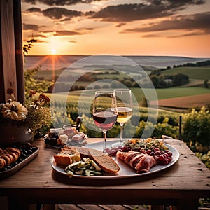 Dinner with view over fields in sunset