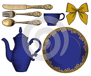 Dinnerware, cutlery and red bow in old style. Vintage stylized d