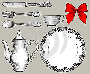 Dinnerware, cutlery and red bow in old style