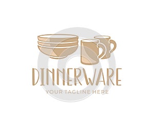 Dinnerware, tableware, cups and plates, logo design. Dishes, crockery, kitchen and cuisine, vector design