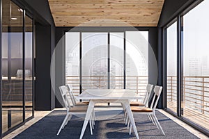 Dinning room interior with huge windows and great city view