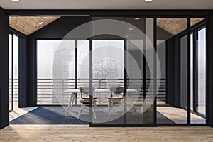 Dinning room interior with huge windows and great city view