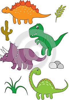 Cartoon dinosaurs set on white background. Vector illustration for kids.