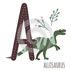 Dino alphabet.Allosaurus.Letter A with reptiles name.Hand drawn cute dinosaur.Educational prehistoric illustration.