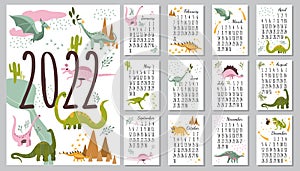 Dino Calendar 2022.Cute hand drawn baby dinosaurs.Template in size A4 A3 A2 A5.Vertical format. Week starts on Monday.
