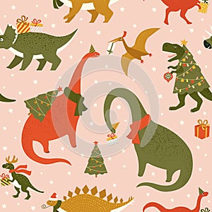 Dino Christmas Party Tree Rex. Dinosaur in Santa hat decorates Christmas tree garland lights. Vector illustration of