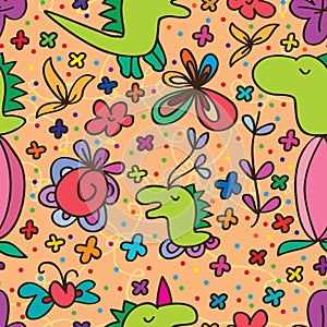 Dino cute flower seamless pattern