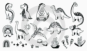 Dino cute icon vector illustration set with animal baby dinosaurs and design elements in sketch graphic outline style