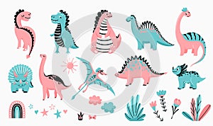 Dino cute vector illustration set with animal baby dinosaurs and design elements in flat cartoon scandinavian trendy