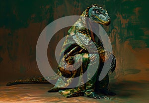 Dino dinosaur in luxury wealthy fancy chic luxurious impeccable reptile leather skin fabric outfits isolated on bright background