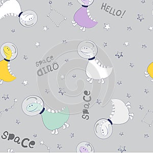 Dino fly into space and look at the constellations. Space texture of pastel colors for children`s fash