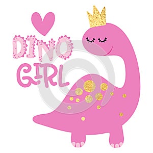 Dino Girl - funny hand drawn doodle, cartoon dino. Good for Poster or t-shirt textile graphic design.