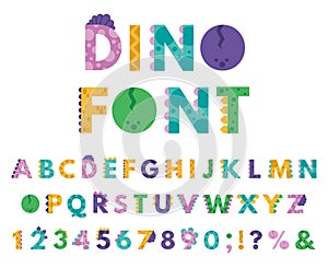 Dino hand drawn alphabet. Cartoon cute ABC letters dinosaurs for kids, comic dino english alphabet isolated vector icons