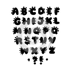 Dino linocut alphabet. Funny comic font in the style of a simple hand-drawn cartoon with manes of dinosaurs, dragons or