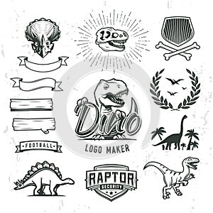 Dino logo maker set. Dinosaur logotype creator. Vector T-rex banner template.