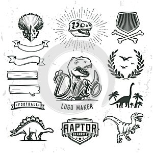 Dino logo maker set. Dinosaur logotype creator. Vector T-rex banner template. photo