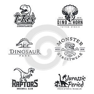 Dino logo set. Dinosaur logotype. Raptor sport mascot design. Vector T-rex label template. Jurassic period illustration