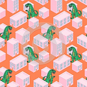 Dino monster in a pink city seamless vector pattern.