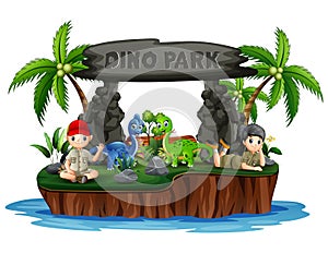 Dino park island with dinosaurs and scout kids