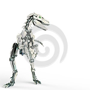 Dino raptor robot is looking to the right with copy space