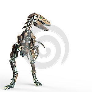 Dino raptor robot is looking to the right with copy space