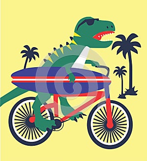 dino rider beach with surfborad print vector art