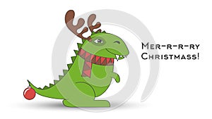 Dino Santa Claus Tyrannosaurus. Christmas funny cartoon dinosaur in a headdress with deer antlers and scarf isolated on white