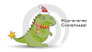 Dino Santa Claus Tyrannosaurus. Christmas funny cartoon dinosaur in a New Year hat and scarf with star on the tail isolated on