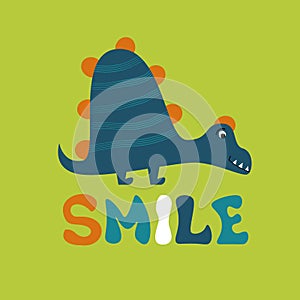 Dino tee print for t-shirt, vector illustration. Cute dinosaur animal greeting card