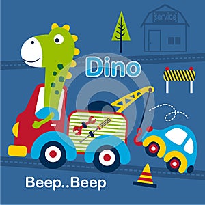 Dino and tow truck funny cartoon,vector illustration