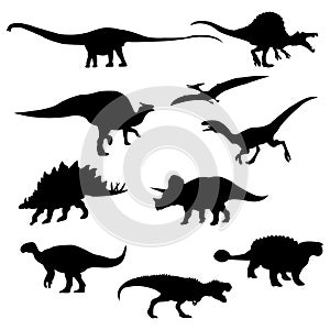Set of Dinosaurs Silhouettes Isolated on White Background