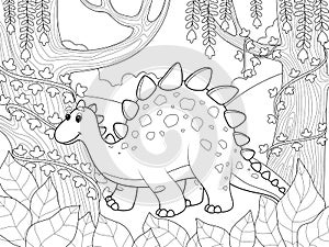 Dinosaur in the ancient forest. Fairytale animal in a magical forest.