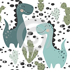 Dinosaur baby boy seamless pattern. Sweet dino with cactus. Scandinavian cute print. photo