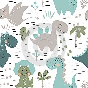 Dinosaur baby boy seamless pattern. Sweet dino with palm and cactus