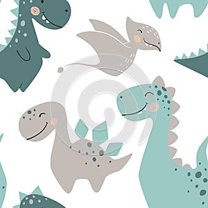 Dinosaur baby boy seamless pattern. Sweet dino with palm and cactus. Scandinavian cute print.