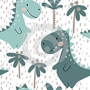 Dinosaur baby boy seamless pattern. Sweet dino with palm. Scandinavian cute print.