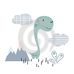 Dinosaur baby cute print. Sweet dino boy with mountain landscape.