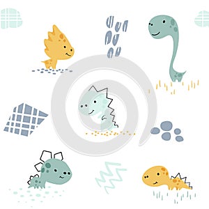 Dinosaur baby cute seamless pattern. Sweet dino boy with abstract shapes. Cool summer prin photo