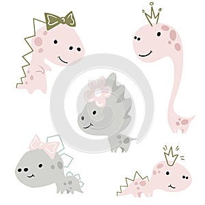 Dinosaur baby girl cute print set. Sweet dino princess with crown and bow.