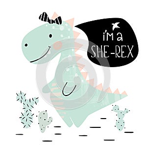 Dinosaur baby girl cute print. Sweet dino princess with bow. Cool tyrannosaurus illustration