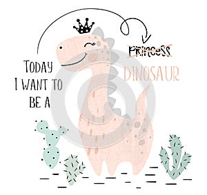 Dinosaur baby girl cute print. Sweet dino princess with crown. Cool brachiosaurus illustration