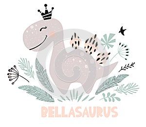 Dinosaur baby girl cute print. Sweet dino princess with crown. Cool stegosaurus illustration