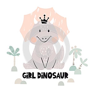 Dinosaur baby girl cute print. Sweet dino princess with crown. Cool triceratops illustration