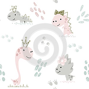 Dinosaur baby girl cute seamless pattern. Sweet dino princess with crown.