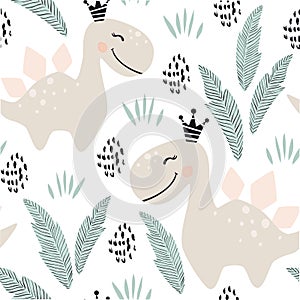 Dinosaur baby girl seamless pattern. Sweet dino princess with crown. Scandinavian cute print.