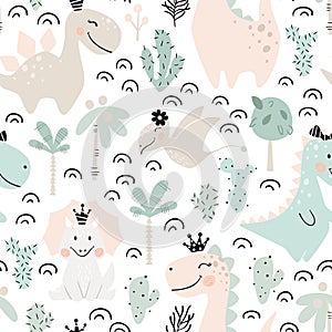 Dinosaur baby girl seamless pattern. Sweet dino princess with crown. Scandinavian cute print.