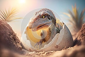 Dinosaur baby hatching from egg. AI Generated