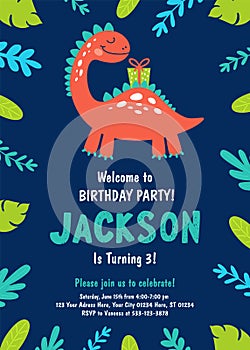 Dinosaur Birthday Party Invitation. Vector photo