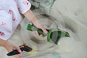 Dinosaur bones and fossils digging model in the sand